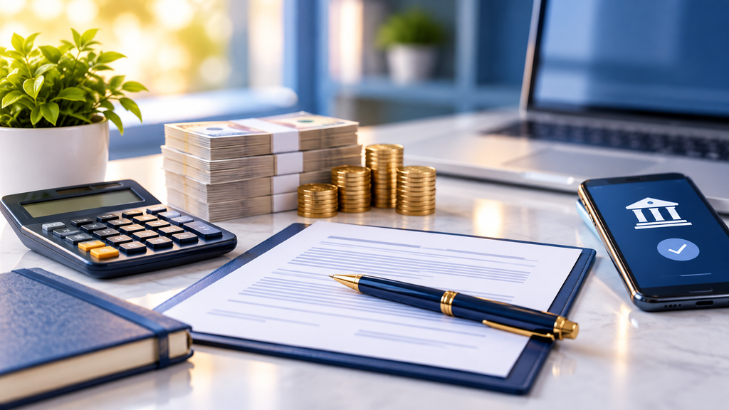 Personal loan application, calculator, money and online banking