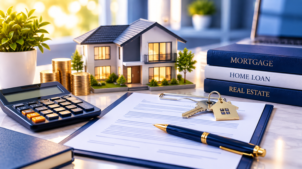 Mortgage planning with home model, calculator, loan documents, and house keys