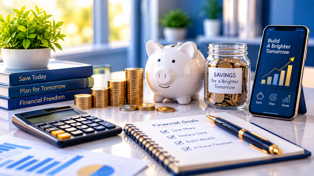 Savings account, piggy bank, coins and financial planning for building savings